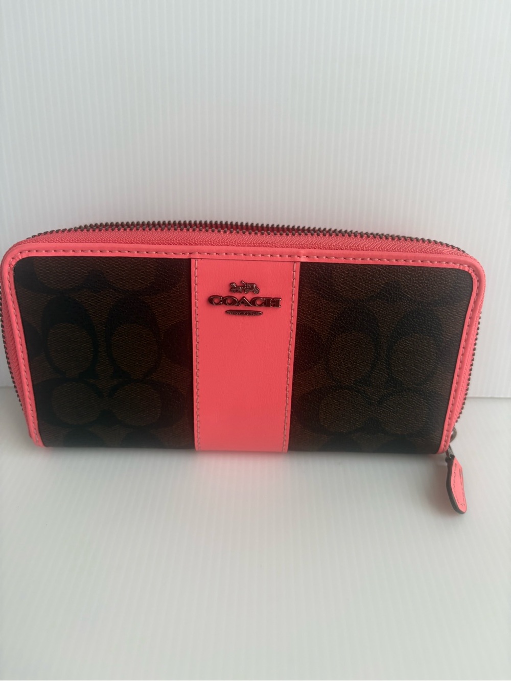 COACH Signature Zip Around Wallet in Brown & Bright Pink